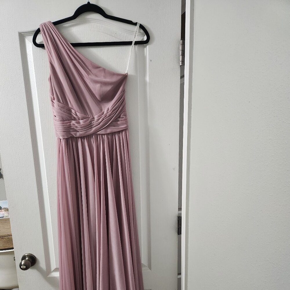 David's Bridal Long Mesh One Shoulder Bridesmaid Dress in Quartz